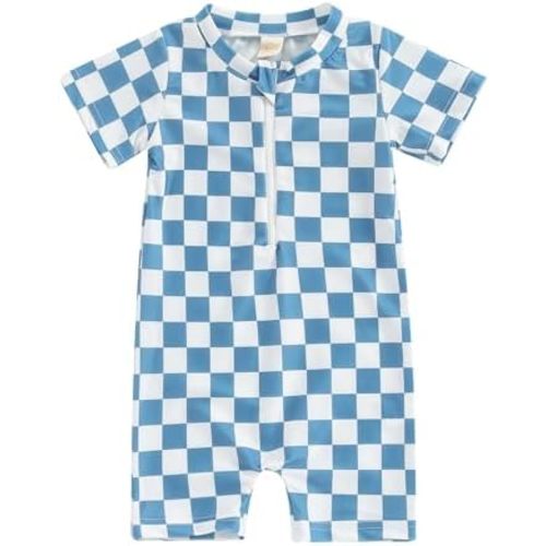 Toddler Baby Boy Girl Swimsuit Checkered One Piece Swimwear Short Sleeve Zipper Rash Guard Beach Bathing Suit