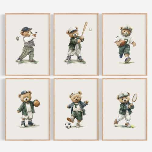 Sage Green Vintage Teddy Bear Sports Nursery Galley Wall Art Set of 6 Printable Illustrations for Boy Room, Golf, Baseball, Soccer, Tennis