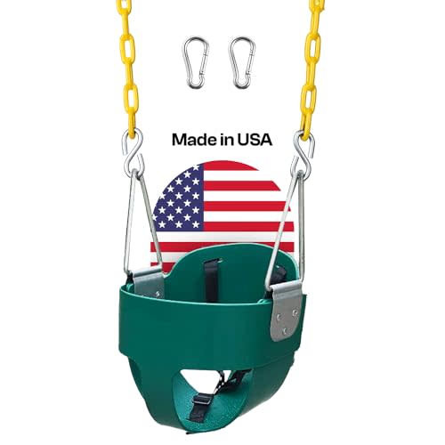 SAFARI SWINGS Full Bucket Toddler Swing Seat with Plastic Coated Chains, USA Made Outdoor Bucket Swing for Playground & Backyard with 3 Point Safety Harness and Heavy Duty Carabiners for Easy Install