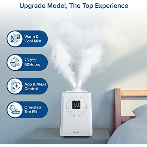 LEVOIT LV600S Humidifiers for Bedroom Large Room Home, 6L Warm and Cool Mist Top Fill Ultrasonic Air Vaporizer, Smart App & Voice Control, Quickly Humidify Whole House up to 753 sq.ft, Sleep Mode - Warm&Cool Mist - White