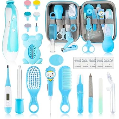 Baby Healthcare and Grooming Kit, 27pcs Baby Electric Nail Trimmer Set Newborn Nursery Health Care Set for Newborn Infant Toddlers Baby Boys Girls Kids Haircut Tools (Pink) (27 Kits Blue)