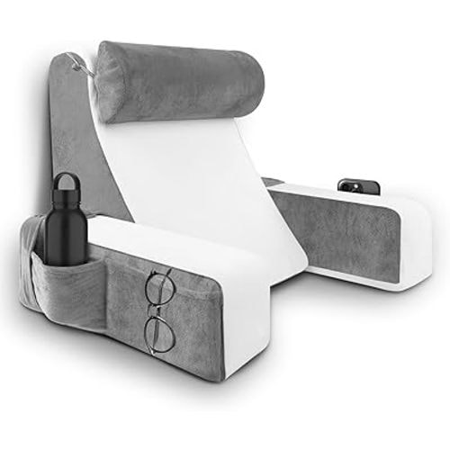 Reading Pillow for Bed - Back Pillow for Bed Sitting Up with Arms Rest, Full Support Back Rest Pillow for Adult Bed Rest Pillow for Reading/Watching TV/Resting/Gaming (Grey/White, Standard)