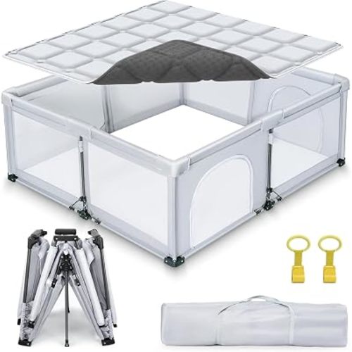 Foldable Baby Playpen with Mat, 50"×50" Collapsible Playard for Babies and Toddlers, Indoor & Outdoor Portable Playpen with Detachable Thick Mat & 2 Hanging Rings,1-Minute Easy Setup