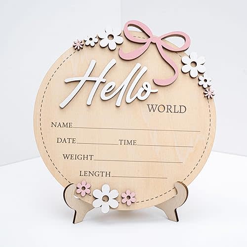Wooden Baby Announcement Sign 6 Inch Round Birth Stat Plaque with Floral and Bow Design (Hello World)