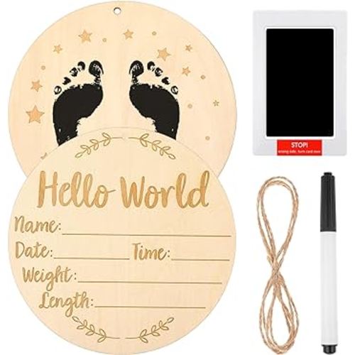 Wooden Baby Announcement Sign 5.9 Inch Round Birth Announcement Sign for Hospital Hello World Newborn Sign with Marker Pen and Ink Pad for Baby Hand and Footprints for Photo Prop Baby Shower Keepsakes