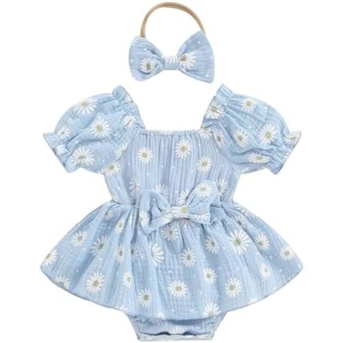 Baby Girls Daisy Romper Bowknot Bodysuit+Headband Short Sleeve Playsuits Floral Jumpsuit Infant Summer Clothes