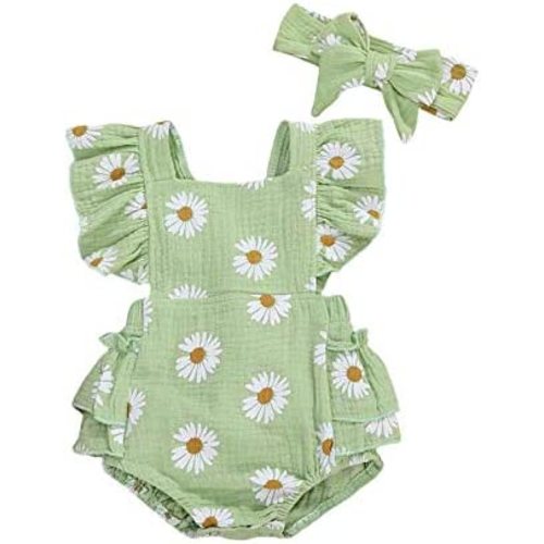 Baby Girls Floral Cotton Leotard Romper Newborn Daisy Playsuits Ruffled Sleeve Onesie Infant Jumpsuit Clothes Headband