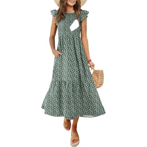 Women's Nursing Dress Flutter Short Sleeve Crew Neck Smocked Elastic Waist Tiered Midi with Pockets