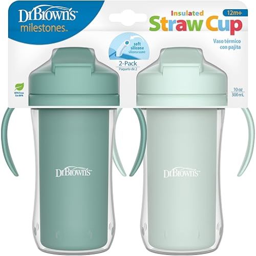 Dr. Brown's Milestones Insulated Sippy Cup with Straw and Handles, Spill-Proof Tumbler with Lid, 2-Pack, Green, 10 oz/300 mL, BPA Free, 12m+