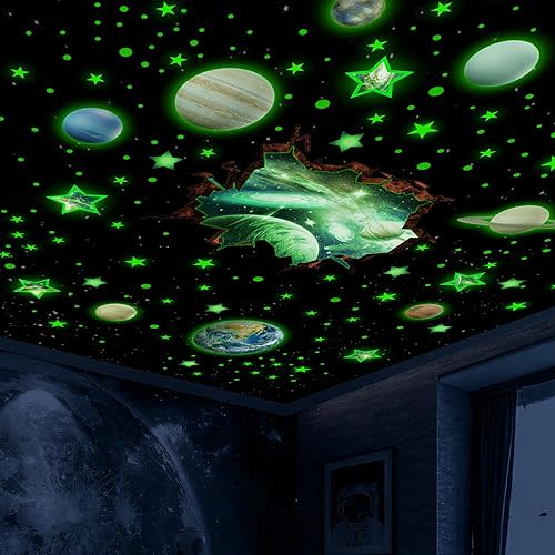 Stars and Planets Wall Decals Glow in The Dark, Earth Solar System Stickers for Ceiling, Space Wall Sticker for Kids Room (Green)