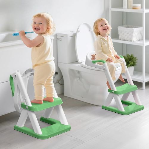 SKYROKU 8868 Potty Training Seat with Step Stool - Adjustable Height, Non-Slip, Splash-Proof, Foldable 2-in-1 Toddler Potty Seat with Armrests and Replaceable Cushion - Fits Most Toilets (Green)