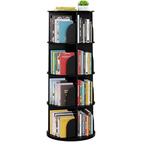 SpaceAid 4 Tier Rotating Bookshelf Tower, Spinning Bookcase Lazy Susan, Revolving 360 Book Shelf Storage Round Carousel, Vertical Rotate Turning Spiral Corner Organizer, Black