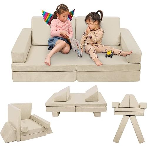 Play Couch Sofa for Kids Medium Size, Modular Kids Play Couch, Kids Couch Building Fort for Playroom, Children Convertible Foam Cushion for Boys and Girls (Square Armrest, Beige)