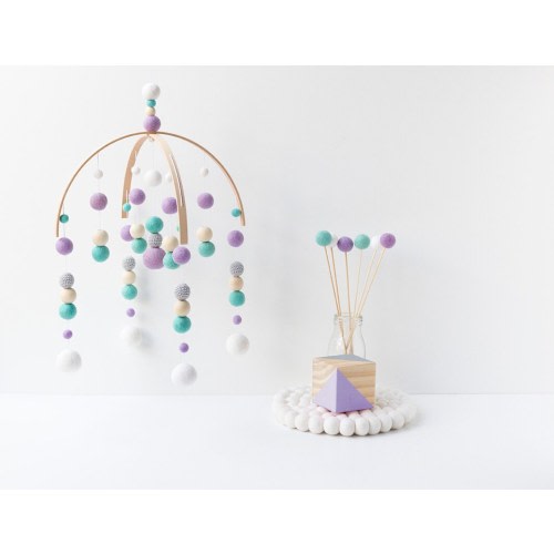 Aqua and Lilac Baby Mobile - Girl Felt Pom Pom Crib Mobile - Mermaid Sea Purple Nursery Cot Mobile - Minimalist Ceiling Mobile Decoration