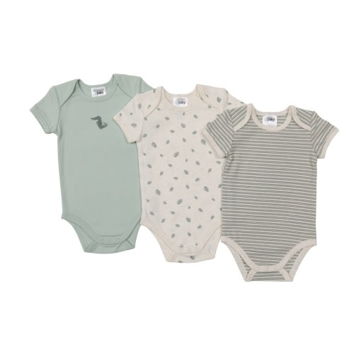 4Baby 3 Pack Bodysuit Short Sleeve Crocodile Sage | Bodysuits | Baby Bunting AU