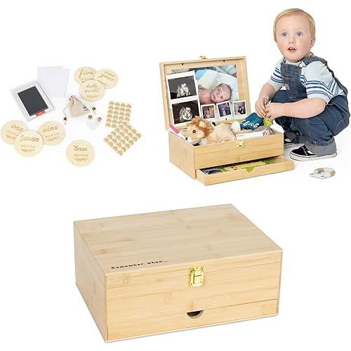 Baby Keepsake Box Set - Bamboo Baby Memory Box with Milestone Discs, Handprint Kit, Photo Corners, Glass Vials, and Burlap Bag - Gifts for New Parents - Keepsake Boxes with Lids