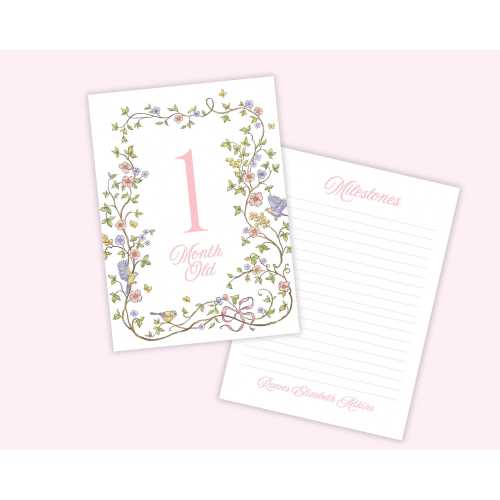 Baby Milestone Cards Personalized Pink floral with ribbons birds and butterflies. Monthly Photo Cards personalized with baby name.