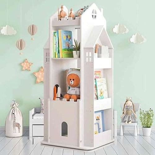 Kids Bookshelf 360° Castle White Rotating Bookshelf Toy Storage Organizer Rack Revolving Corner Bookshelf for Kids Toddler Children Home Office Furniture Bookcase