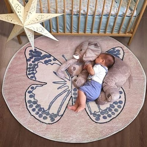 Poowe Round Kids Play Mat Baby Nursery Rug Round Educational Alphabet Soft Area Rug Non Slip for Children Toddlers Bedroom (Round 47.2", Butterfly)