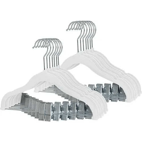 Finnhomy Non-Slip Clothes Hangers for Baby and Kids 20-Pack Velvet Hangers with Movable Clips, Heavy-Duty and Space-Saving for Pants,Skirts, Coat, White