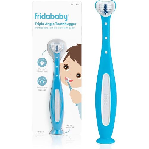 Frida Baby Triple-Angle Toothhugger Training Toddler Toothbrush, Easter Basket Stuffer for Kids, Toddler Toothbrush 2+, Soft Bristles, Suction Cups, Three Sided, Cleans All Sides at Once, Blue