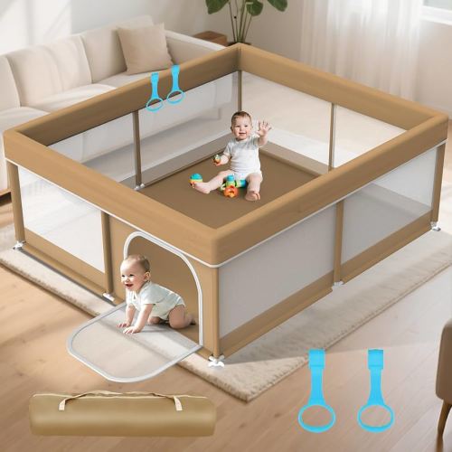 Omzer Baby Play Yard 79x71 in - Large Playpen for Babies and Toddlers - Baby Playpen with Visible Mesh & Zipper Door - All-Wrapped Sponge Safety Sturdy Play Pen with 2 Handles & Storage Bag, Khaki