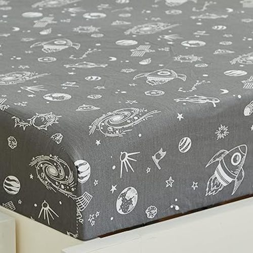 Brandream Space Crib Sheets for Baby Boys Toddler Fitted Sheet 100% Cotton Milky Way Spaceship Rocket Galaxy Print Nursery Bed Sheet Set