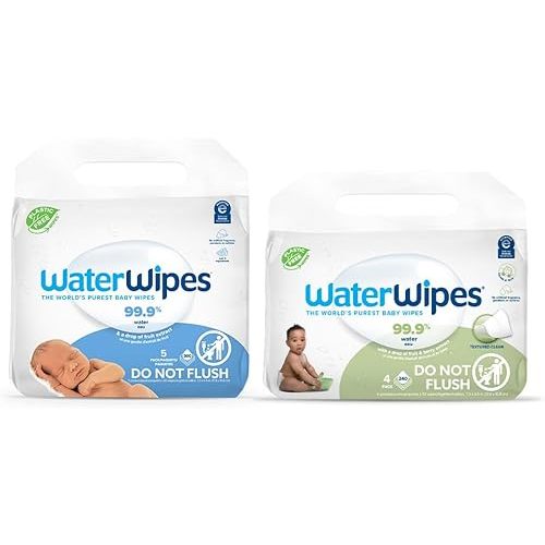 WaterWipes Bundle, Original 300 Count (5 packs) & Textured Clean Wipes 240 Count (4 packs), Plastic-Free, 99.9% Water Based Wipes, Unscented, Hypoallergenic for Sensitive Skin, Packaging May Vary