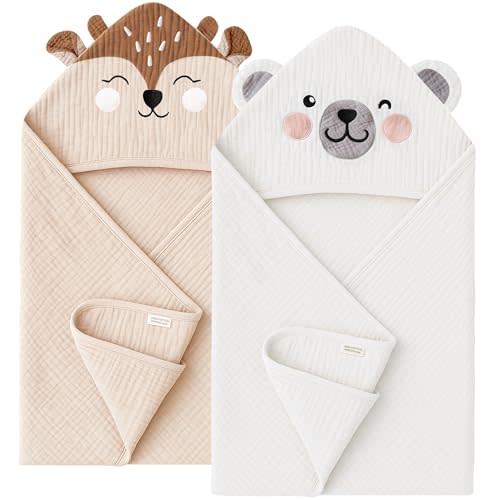 Konssy 2-Pack Muslin Baby Hooded Towels, Soft Cotton and Absorbent Baby Bath Towels for Newborn, Infant & Toddler with Animal Hooded Design (Bear & Deer)