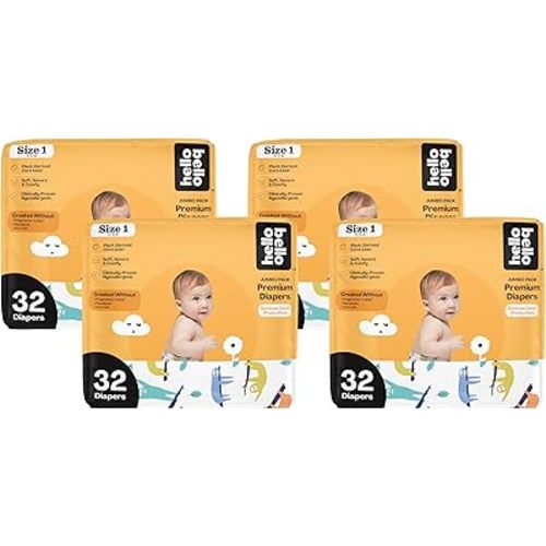 Hello Bello Premium Baby Diapers Size 1 I 32 Count of Disposable, Extra-Absorbent, Hypoallergenic Baby Diapers with Snug and Comfort Fit I Sleepy Sloth (Pack of 4)