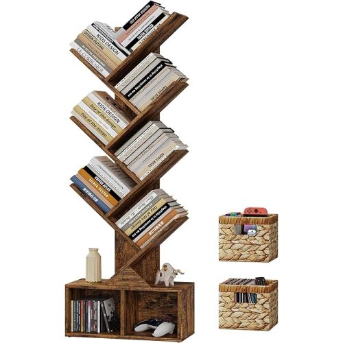 Vagusicc Tree Bookshelf, 6 Tier Bookshelf with Storage, Tall Narrow Bookcase, Rustic Wood Book Storage Rack for CDs/Books, Small Book Organizer Shelves for Bedroom, Living Room, Home Office, Brown