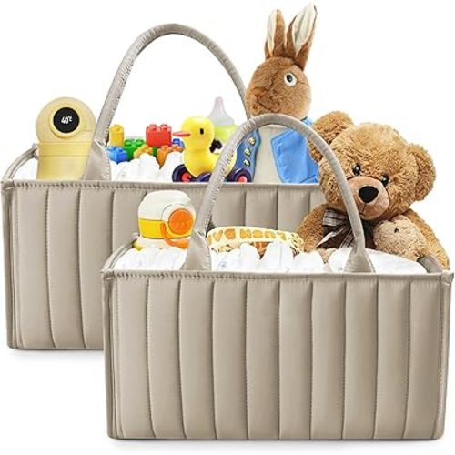 SWEET DOLPHIN 2-Pack Baby Diaper Caddy Organizers, Stylish Storage Baskets for Newborn Essentials, Diaper Station & Car Travel, Value Bundle for Baby Shower Gifts & Registry Must-Haves - Light Brown
