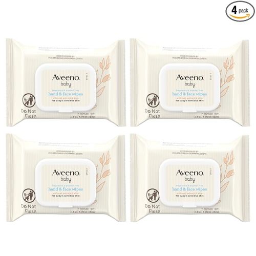 Aveeno Baby Fragrance-Free Hand & Face Wipes with Oat Extract & Aloe, Cleansing & Moisturizing Baby Wipes for Sensitive Skin, Sulfate-, Alcohol-, Paraben- & Dye-Free, Hypoallergenic, 25 ct (Pack of 4)