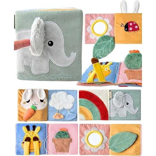 Cute Soft Baby Book with Mirror, Activities, Touch and Feel & Crinkle Pages - Interactive Sensory Cloth Toy for Babies 0-6, 6-12 & 12-18 Months - Adorable Animal Themes for Early Development