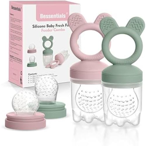 Bessentials Baby Fresh Fruit Food Feeder - 2 Pack Silicone Baby Mesh Feeders for Infant Safe Self Feeding |3 Sizes Food Pouches Included| Suitable for Baby 4m+ (Light Pink & Grass Green)