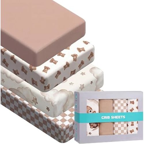 SmoothNovelty 4 Pack Bear Baby Crib Sheets - 52" x 28" Fitted Sheet Neutral Fits for Standard Toddler Mattress Baby Bed Microfiber Gift Set Soft Breathable for Boys Girls
