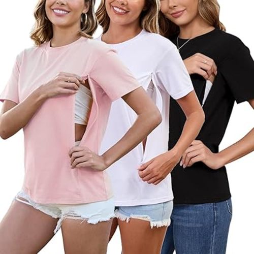 Ecavus Women's 3-Pack Nursing Shirts for Breastfeeding with Hidden Zippers Loose Fit Maternity Tops