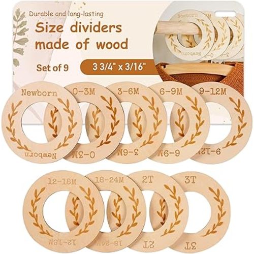 Mikki Joan | Baby Closet Dividers | 9-Pack Wooden Nursery Organizers | Leaf Design | Sizes Newborn-3T | Natural Boho Style | Premium Closet Size Rings for Baby & Toddler Clothes