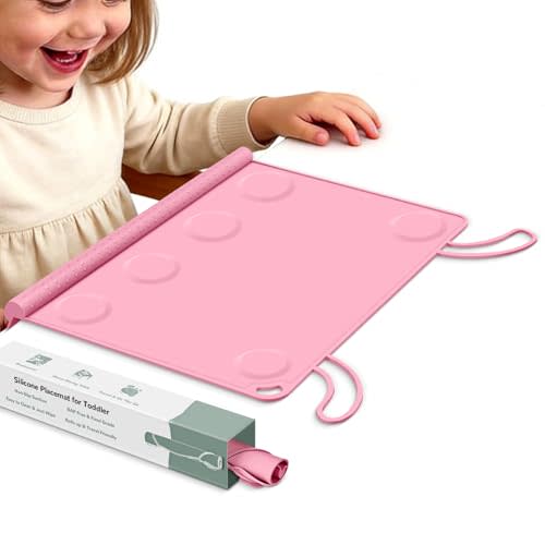 Silicone Placemat for Babygirls Eating-Out: Wipe Clean & Roll up for Outdoor - Pink Table Mat for Restaurant/Travel/On-The-Go