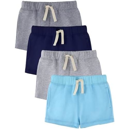 Baby Boys Shorts 4-Pack 0-24M | Cotton Knit Pull-On with Adjustable Drawstring Waist & Pockets, Summer Playwear