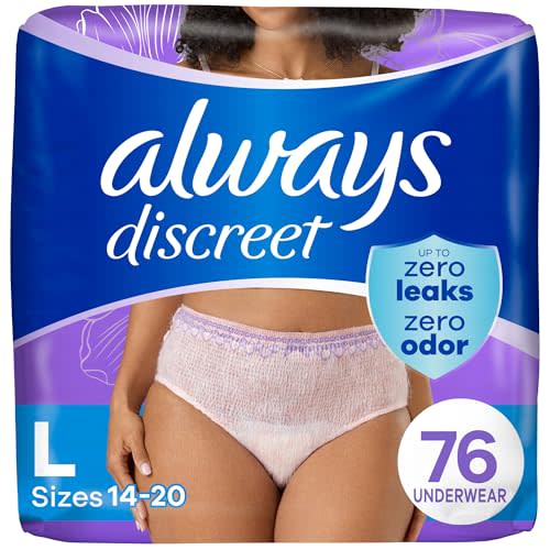 Always Discreet Adult Incontinence Underwear for Women and Postpartum Underwear, L, Up to 100% Bladder Leak Protection, 76 Count (Packaging May Vary)