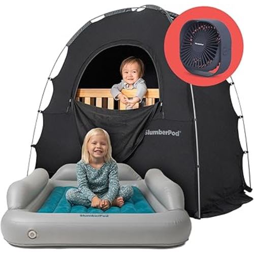 SlumberPod with Fan and SlumberTot The Original Blackout Sleep Tent Travel Essential for Baby, Mini Crib and Pack n Play Cover, Toddler Bed, Sleep Pod with Two Pouches, Blocks 95%+ Light, Black