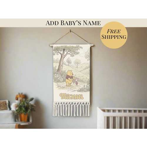 Custom Baby Name Banner Winnie the Pooh Personalized Linen Wall Hanging Pooh and Piglet in 100 Acre Wood Vintage-Inspired Tassel Wall Art