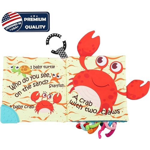 Fish Baby Books Toys, Touch and Feel Cloth Soft Crinkle Books for Babies,Toddlers Infant Kids Activity Early Education Toys, Shark Tails Teething Toys Teether Ring, Baby Book Octopus,Ocean Sea Animal