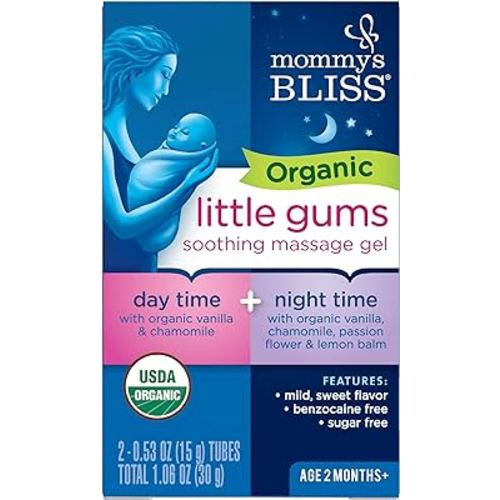 Mommy's Bliss Organic Little Gums Soothing Massage Gel Day and Night Combo, Great for Teething Babies, Age 2 Months+, Sugar Free, Mild & Sweet Flavor, 2 - 0.53 Oz Tubes (Pack of 1)