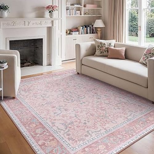 Pink Area Rug 6x9 Washable Rugs for Bedroom Girls Floral with Non Slip Backing, Low Pile Carpet for Living Room, Nursery Room, Dinning Room, Light Pink Blue