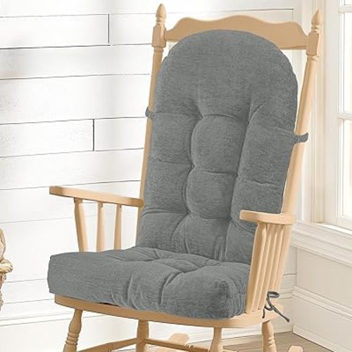 Rocking Chair Cushion - Chenille Fabric, High-Density Sponge, Durable Comfort Non-Slip Bottom Tufted Seat Pads with Ties, Chenille︱Light Grey, 44x19x4 inch