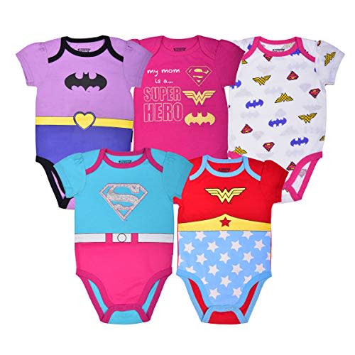 WARNER BROS DC Comics Girls Short Sleeve Bodysuit 5 Pack for Newborn and Infant
