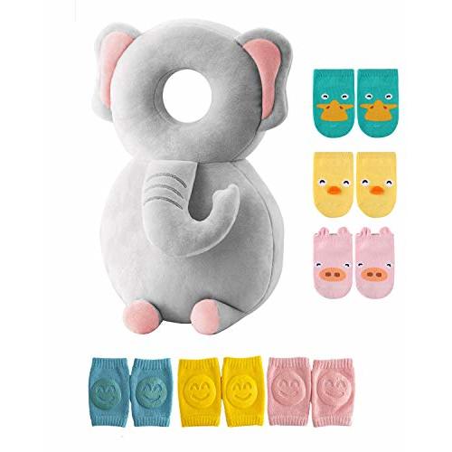 JunNeng Toddler Baby Head Protector Pad Safety Cushion with Knee Pads&Anti-Slip Socks,Elephant
