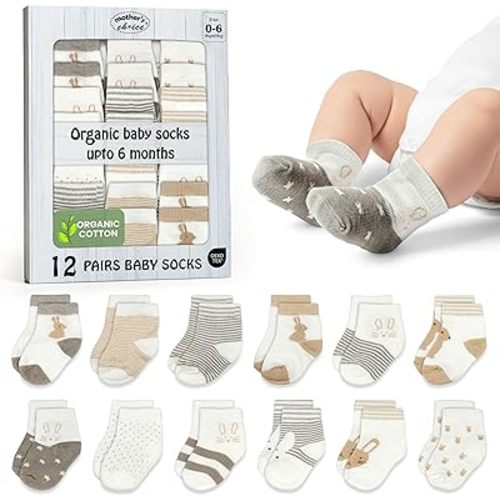 Mother's Choice Organic Cotton Baby Socks 0–6 Months, 12 Pairs Newborn & Infant Socks Soft Hypoallergenic Breathable Gentle On Delicate Skin Stretch Fit Comfortable Daily Essentials For Little Ones